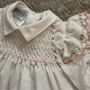 Vintage Polly Flinders Hand Smocked Baby Dress 3–9M White Pink Floral